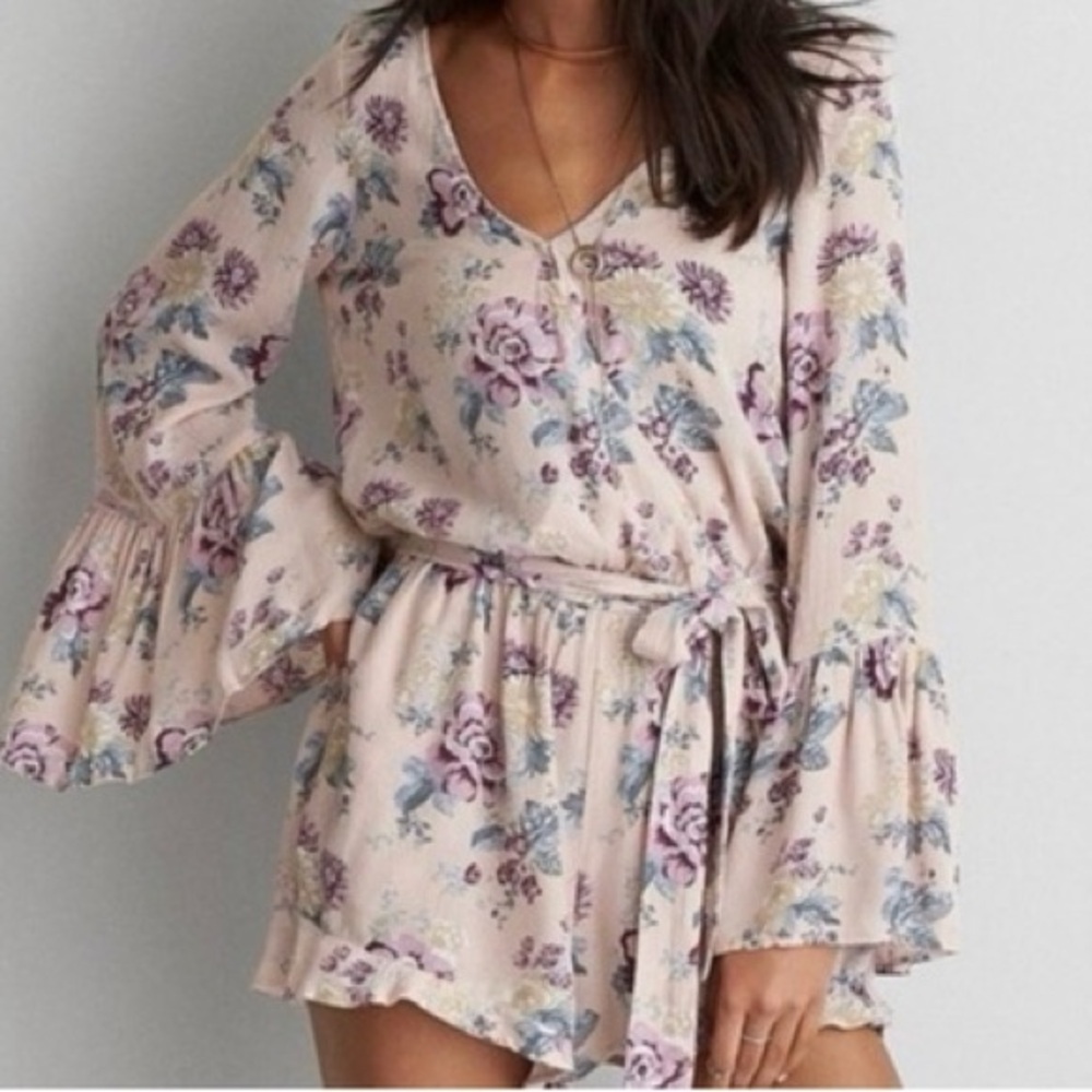 American Eagle Outfitters Floral Lace-Trim V-Neck Romper in Blush Pink and Blue